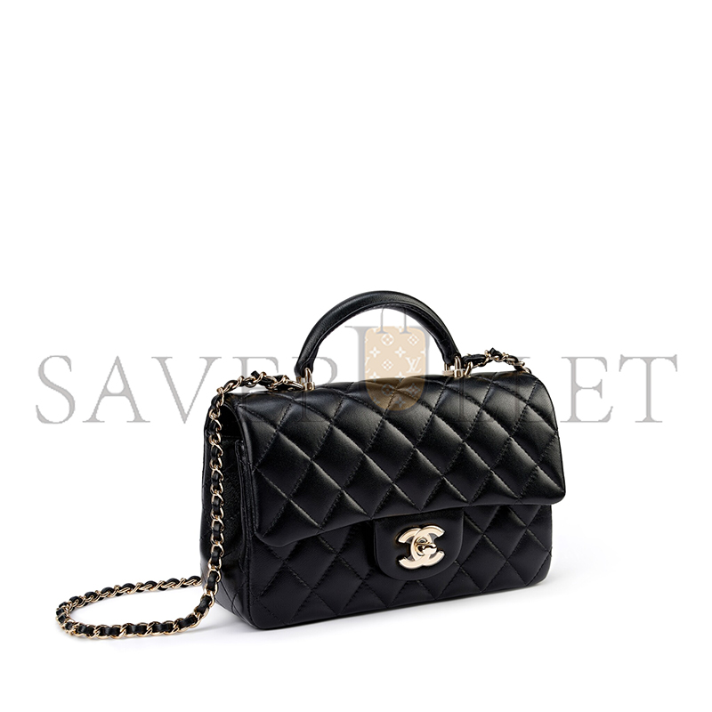 CHANEL BLACK QUILTED LAMBSKIN TOP HANDLE MINI FLAP BAG PALE GOLD HARDWARE AP4450 (18*14*3cm)